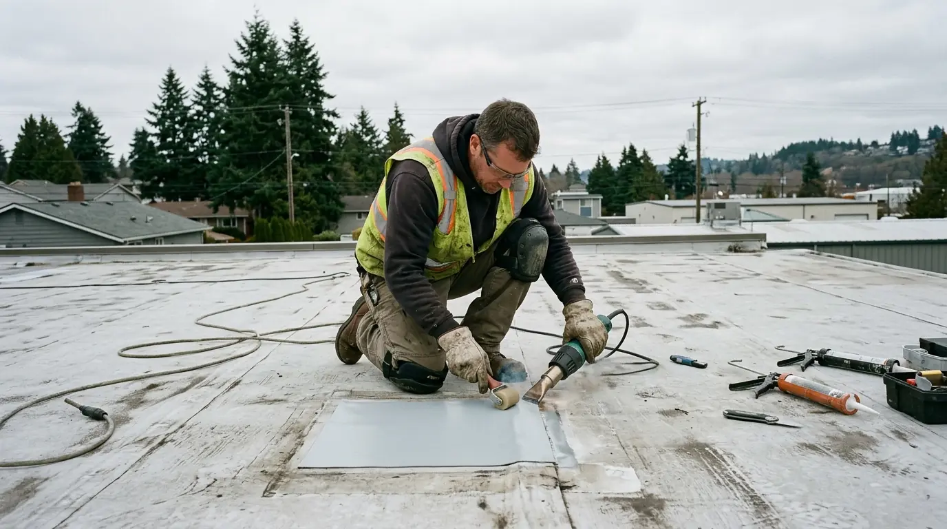 Roofer welding a patch over a flat roof seam