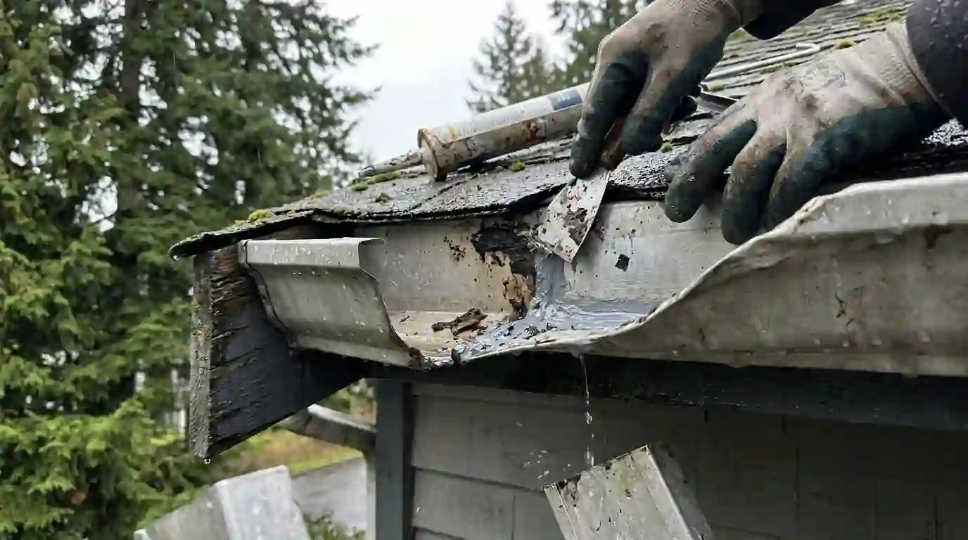 Leaking gutter corner being resealed