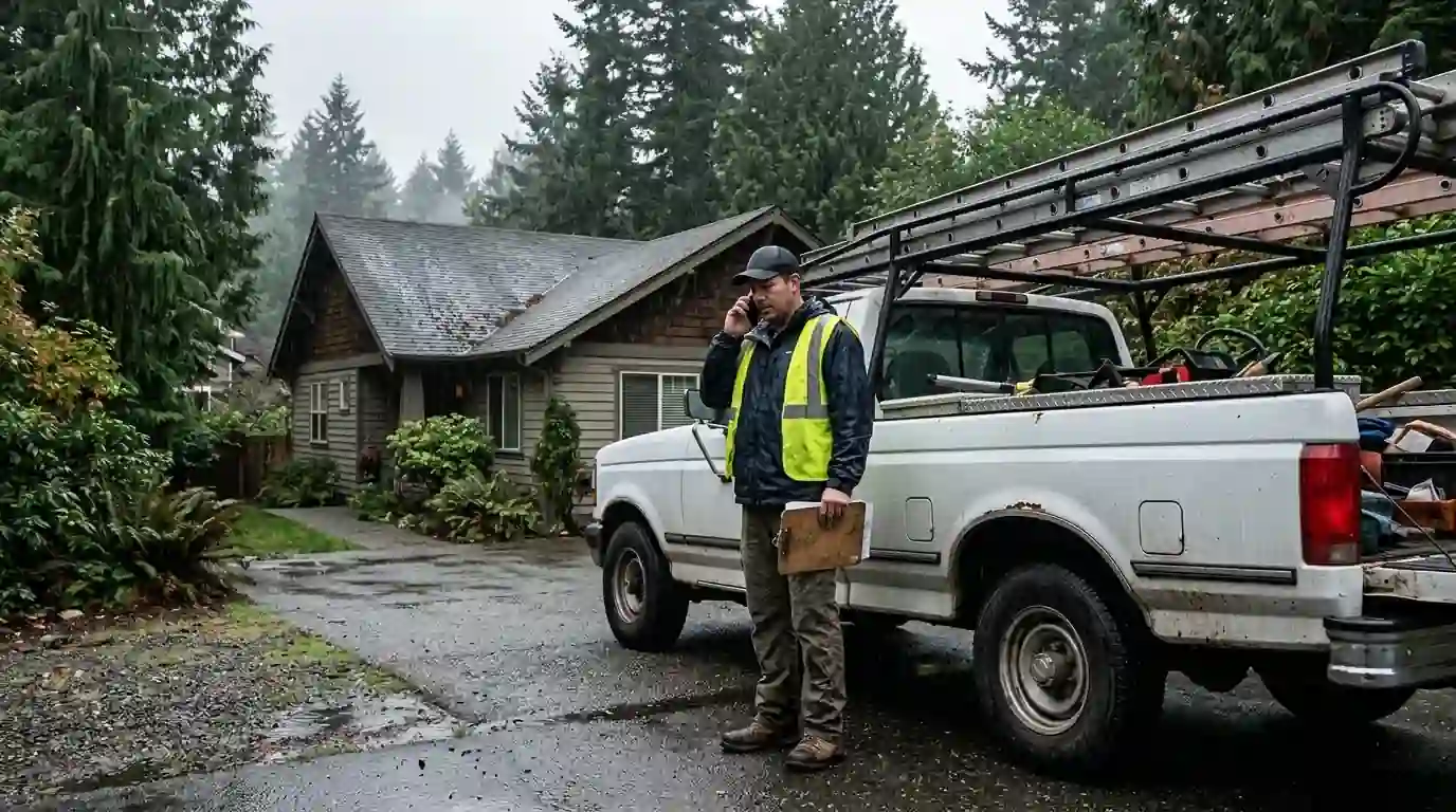 Roofer taking a call beside a work truck in light rain