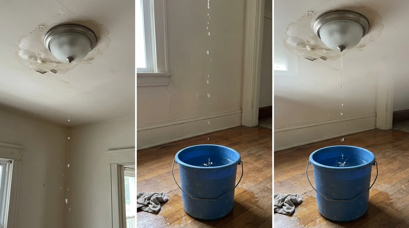 Water dripping from a ceiling light into a bucket