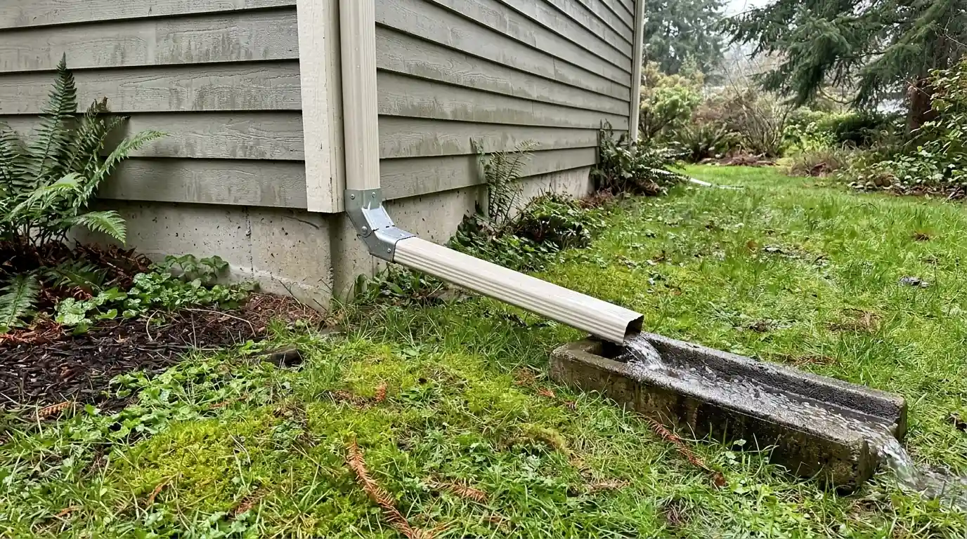 Splash block and downspout extension on a lawn