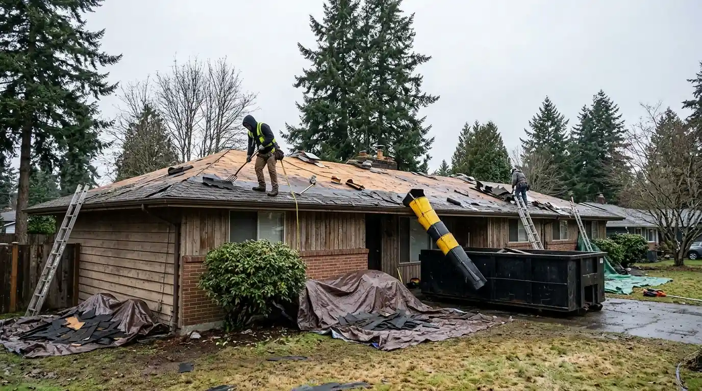 Tear-off of an older low-pitched roof in Lakewood