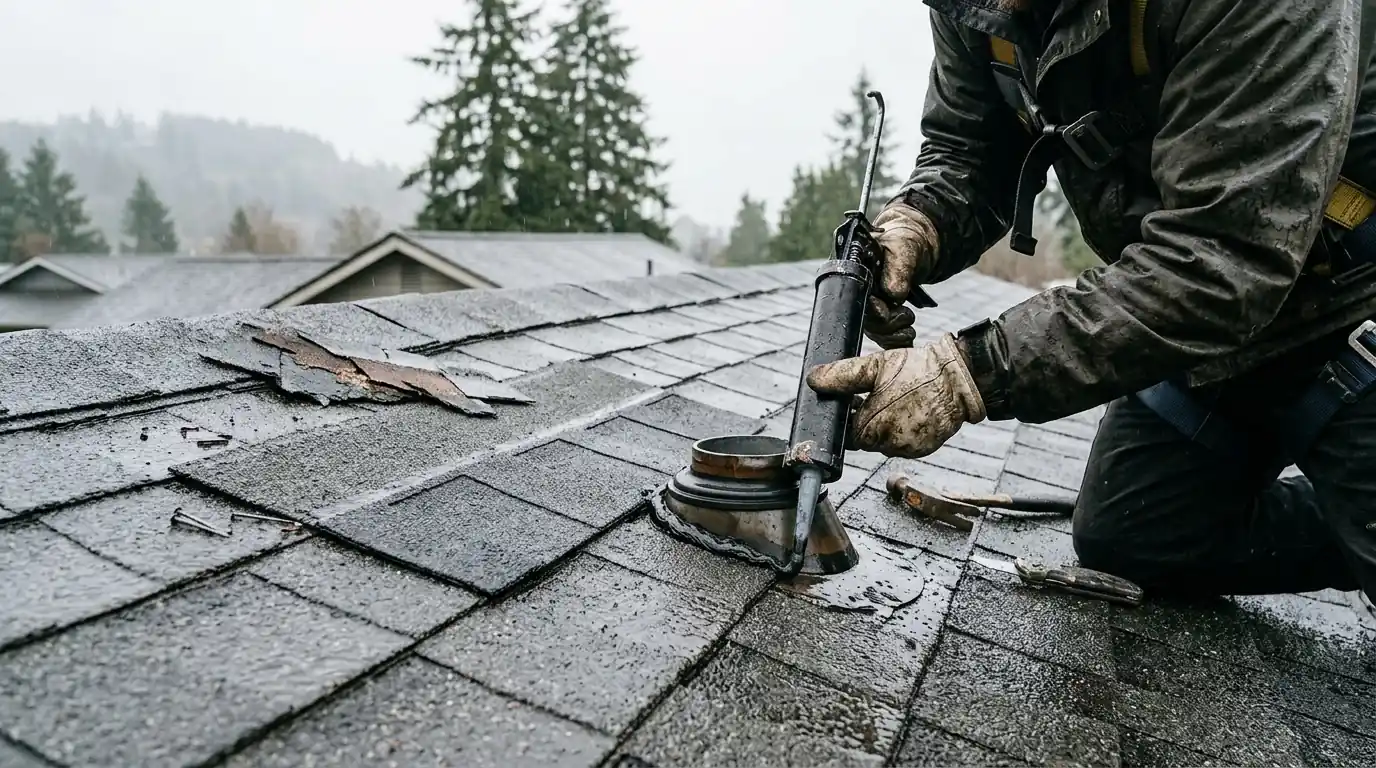 Emergency Roof Repair work on a house in Tacoma, Washington