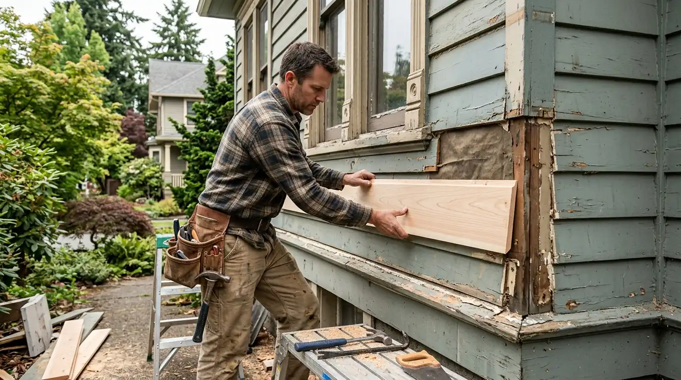 Replacement siding board fitted into original lap siding