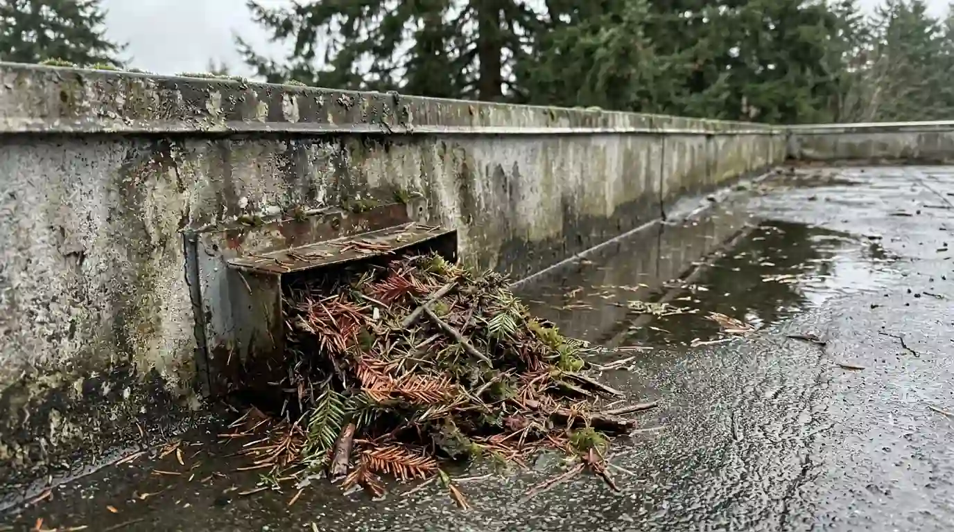 Scupper clogged with needles on a flat roof