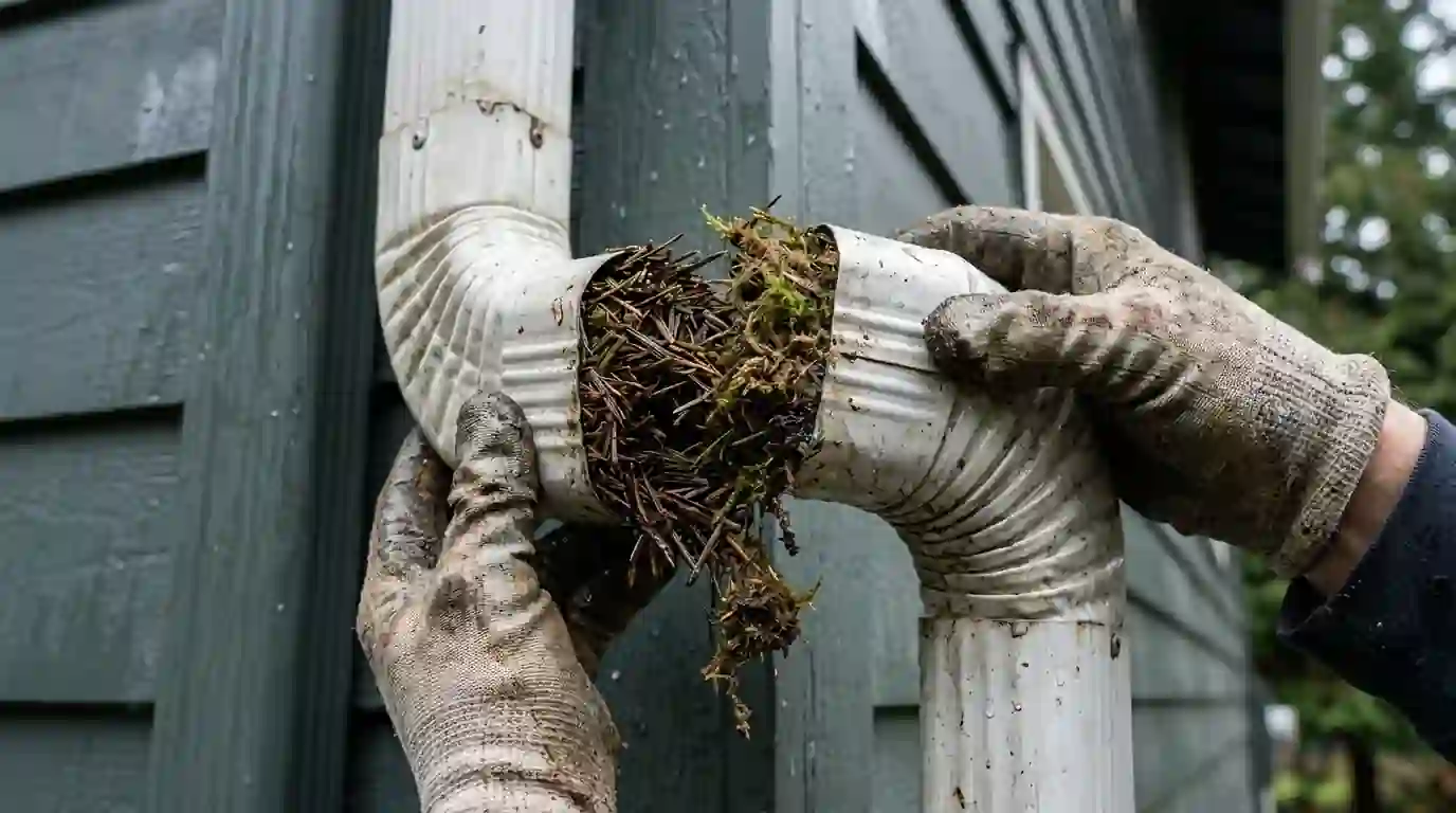 Downspout elbow packed with needles and moss
