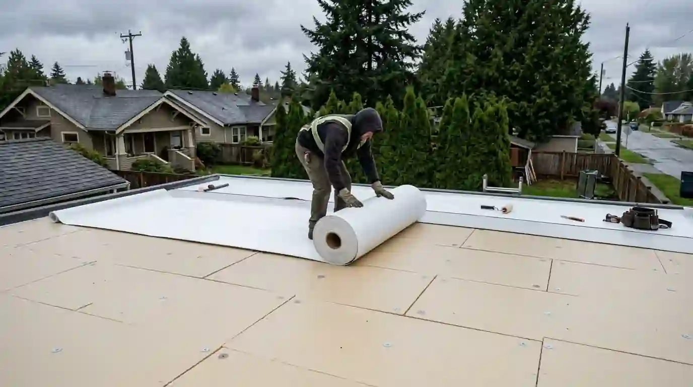 White TPO membrane being rolled out on a garage roof