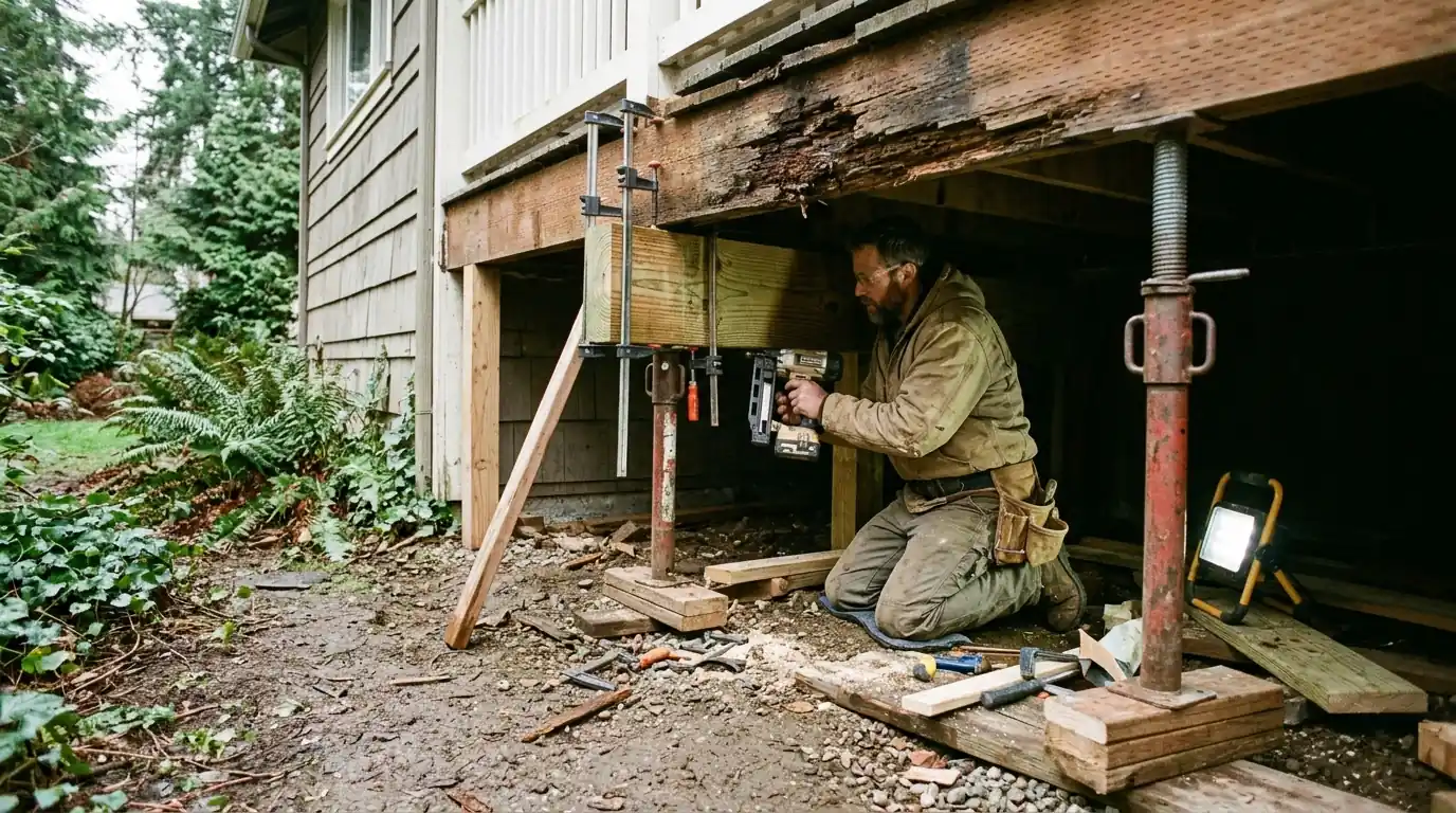 Carpenter sistering a new joist under a deck