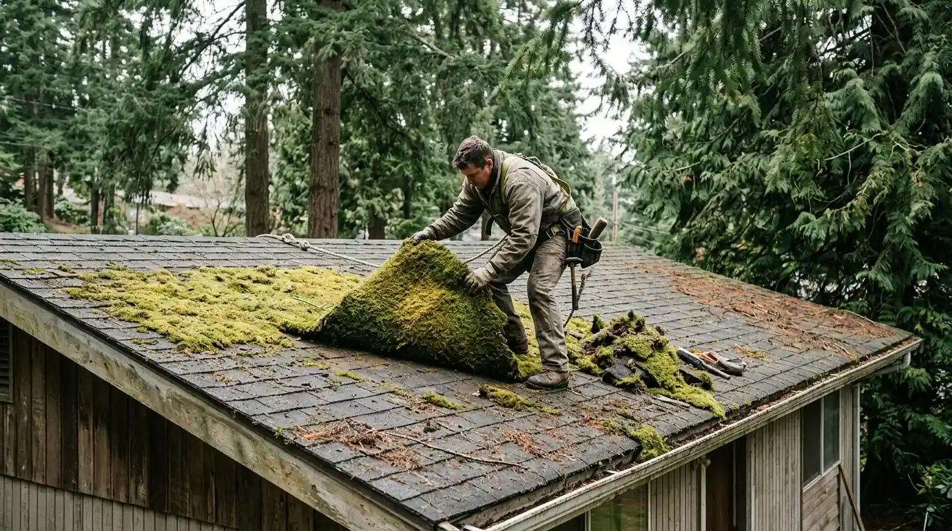 Roofer removing moss by hand from a shaded rambler roof