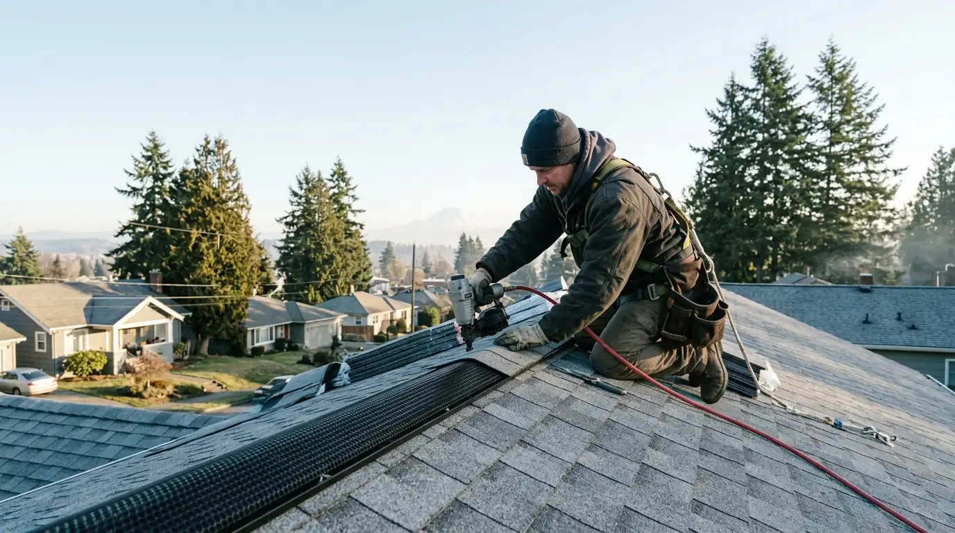 Ridge vent being installed along a roof peak