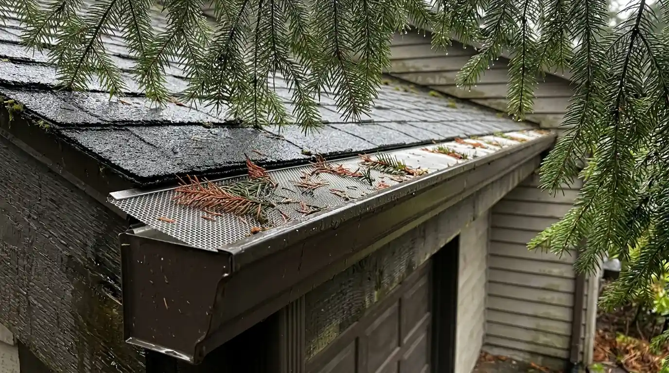 Micro-mesh gutter guard with fir needles on top