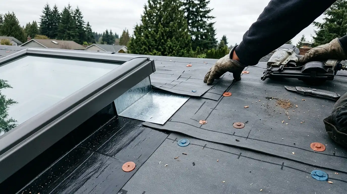 Skylight flashing kit set into new underlayment