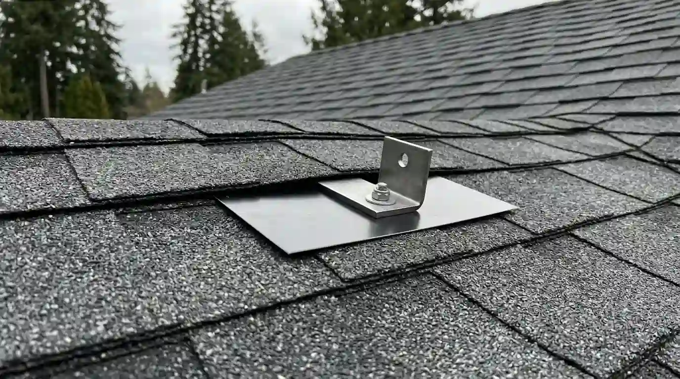 New flashed solar mount set into fresh shingles