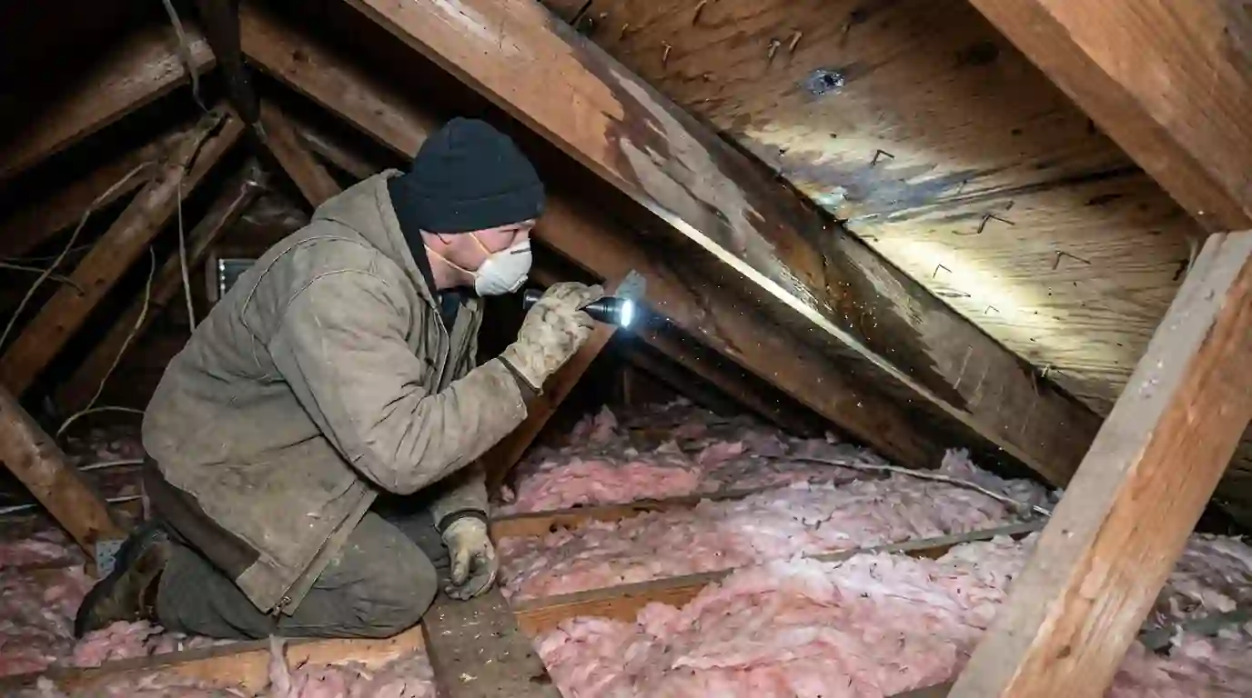 Roofer tracing a water trail along an attic rafter