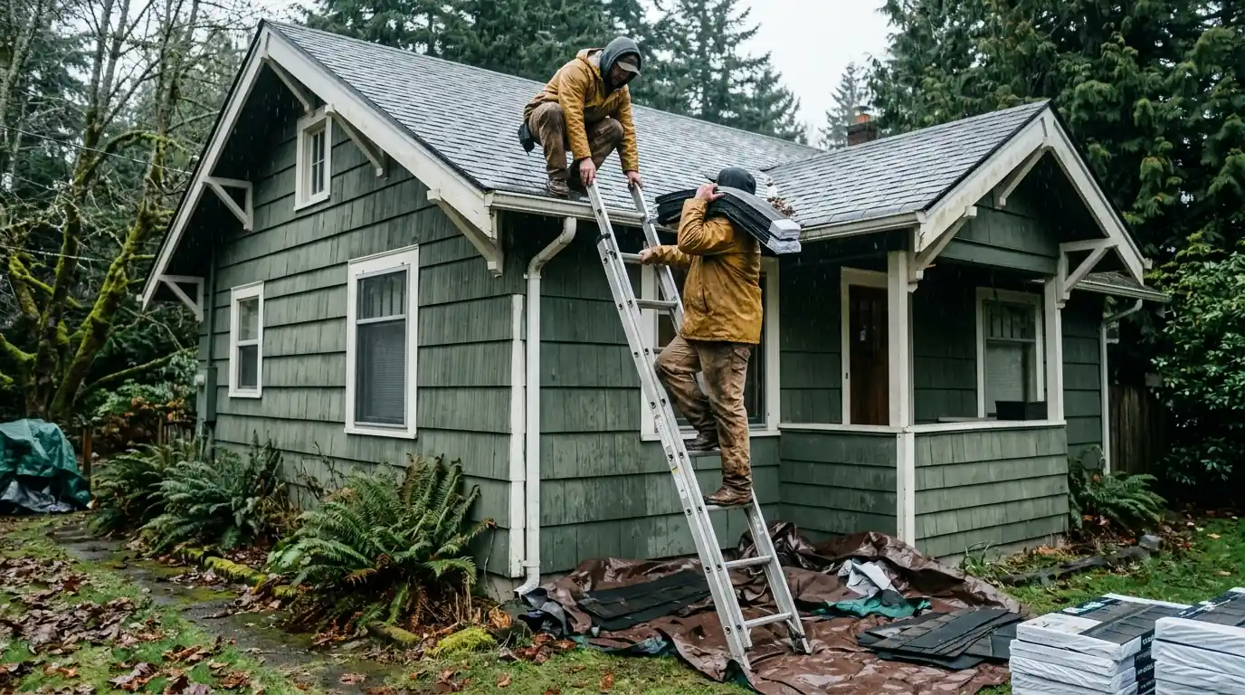 Roofers reroofing one building of a townhome complex