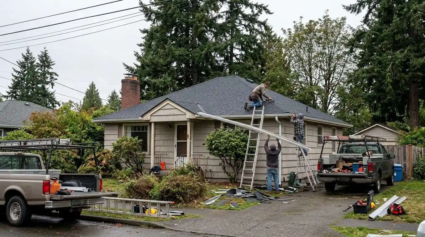 New roof and gutters on a postwar house in the South End