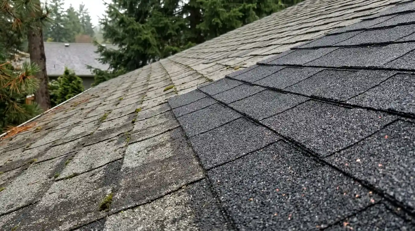 New algae-resistant shingles beside an algae-streaked roof