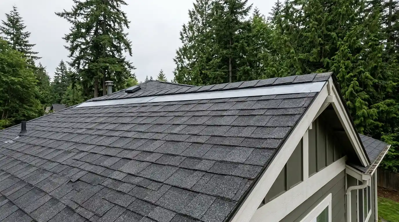 Zinc strip installed below the ridge of a cleaned roof