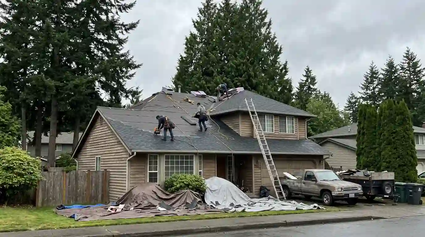 Roofers installing shingles on a 1980s Federal Way house