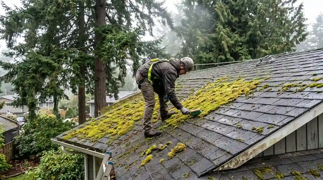 Roofer brushing moss off a shingle roof by hand