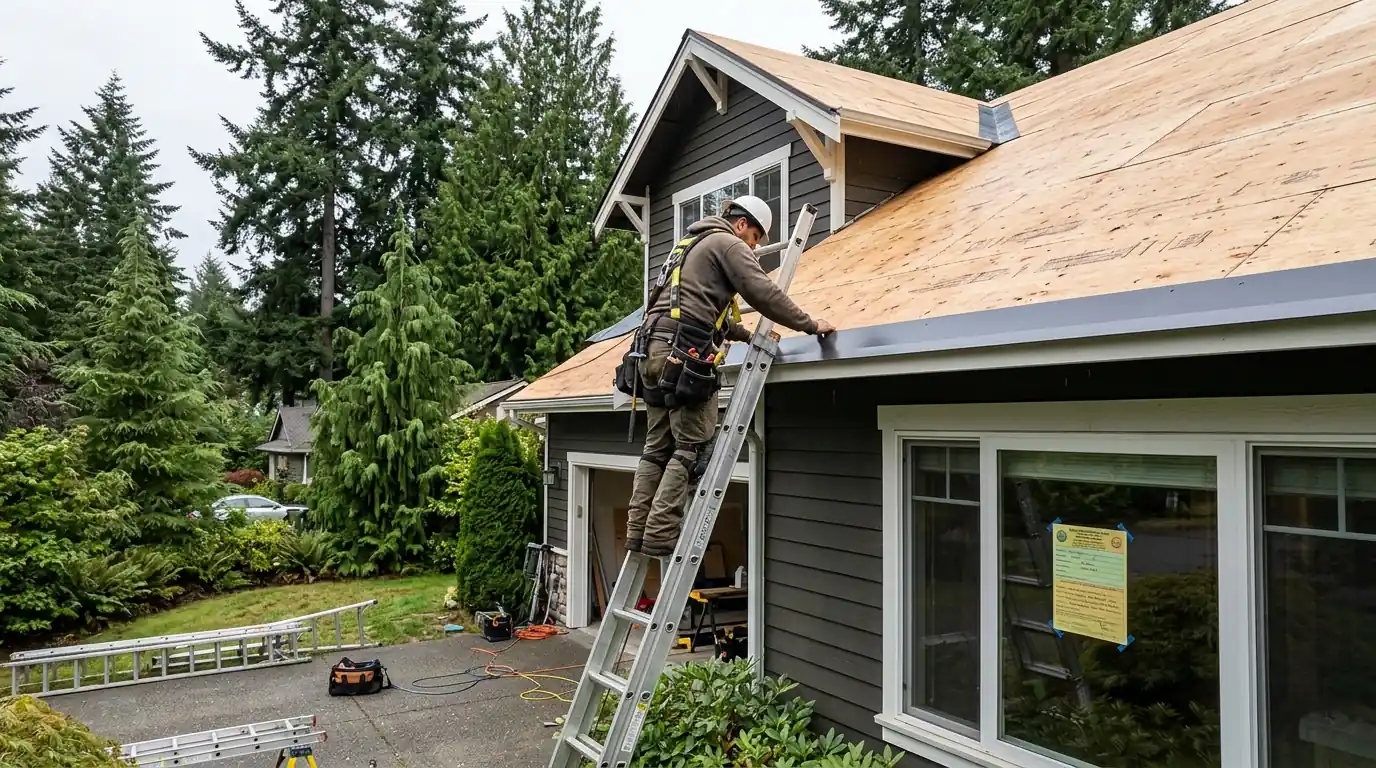 Roofer installing drip edge on a reroof in Puyallup