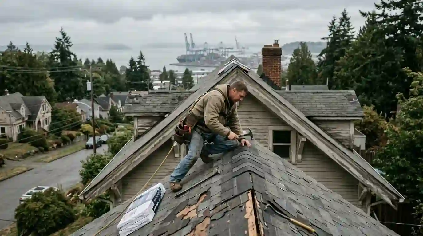 Roofer replacing wind-torn shingles on a Hilltop house