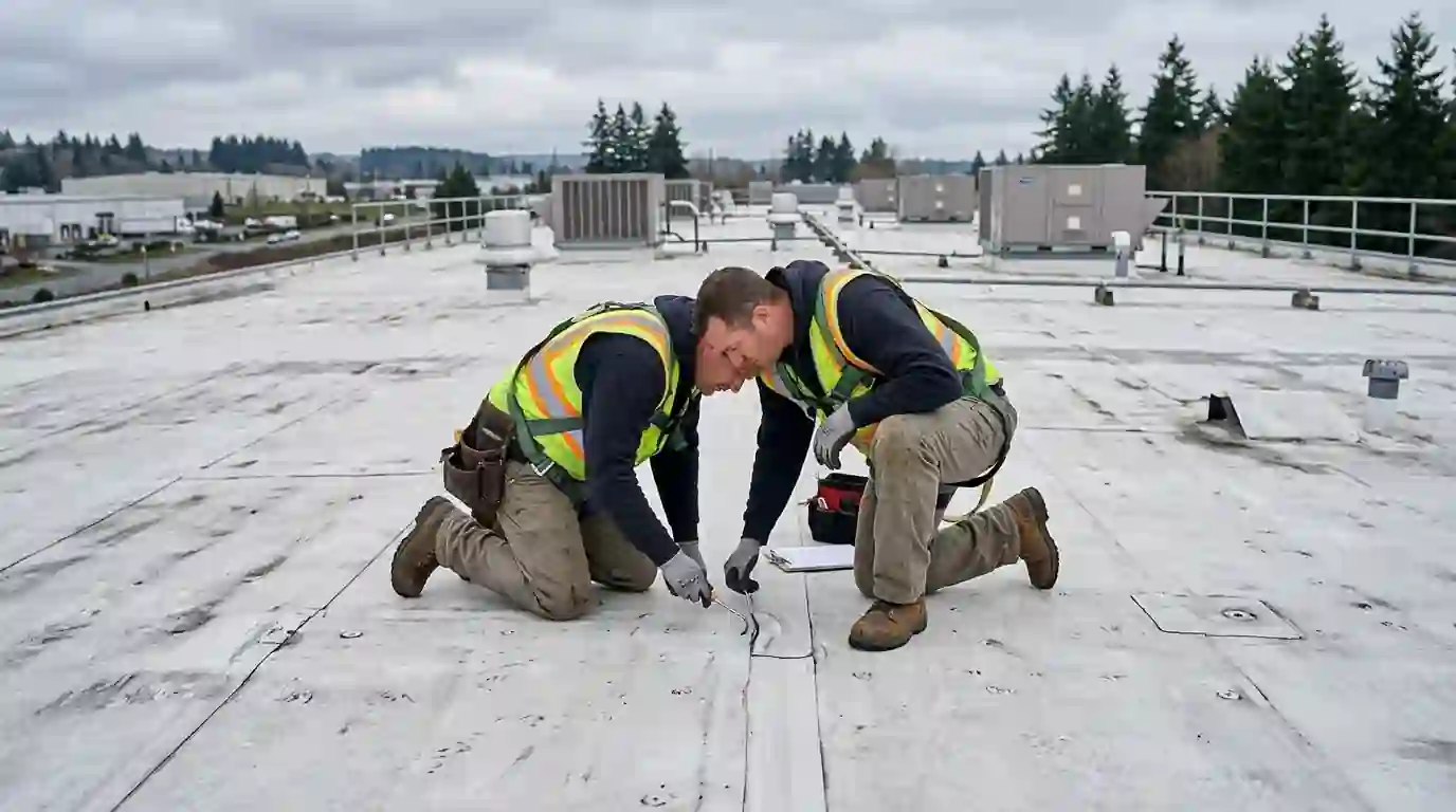 Inspecting a membrane seam on a Fife business roof