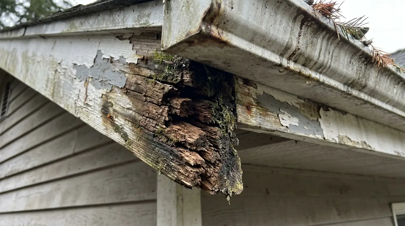 Brown rot in a rafter tail under a gutter