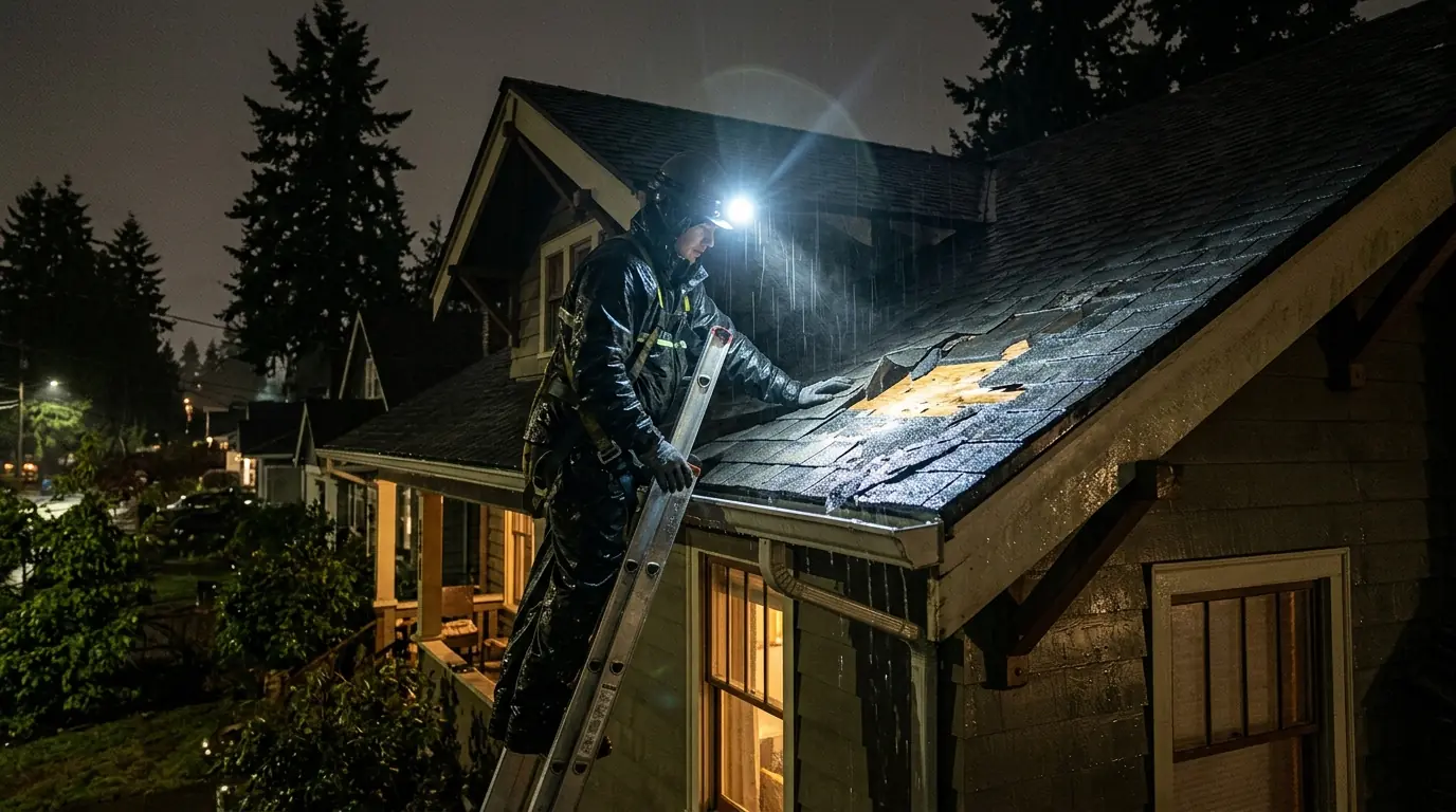 Roofer checking storm-torn shingles by headlamp at night