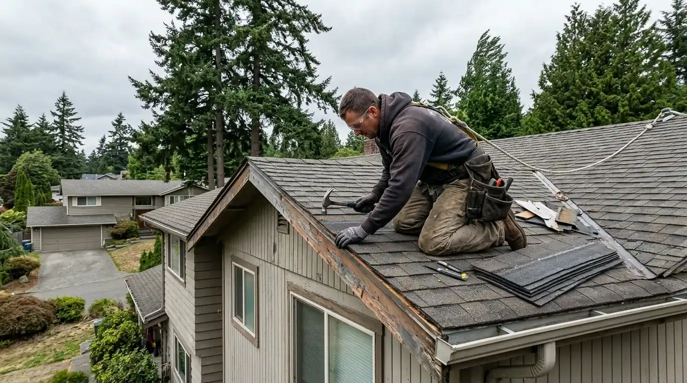 Repairing wind-lifted shingles on a University Place house