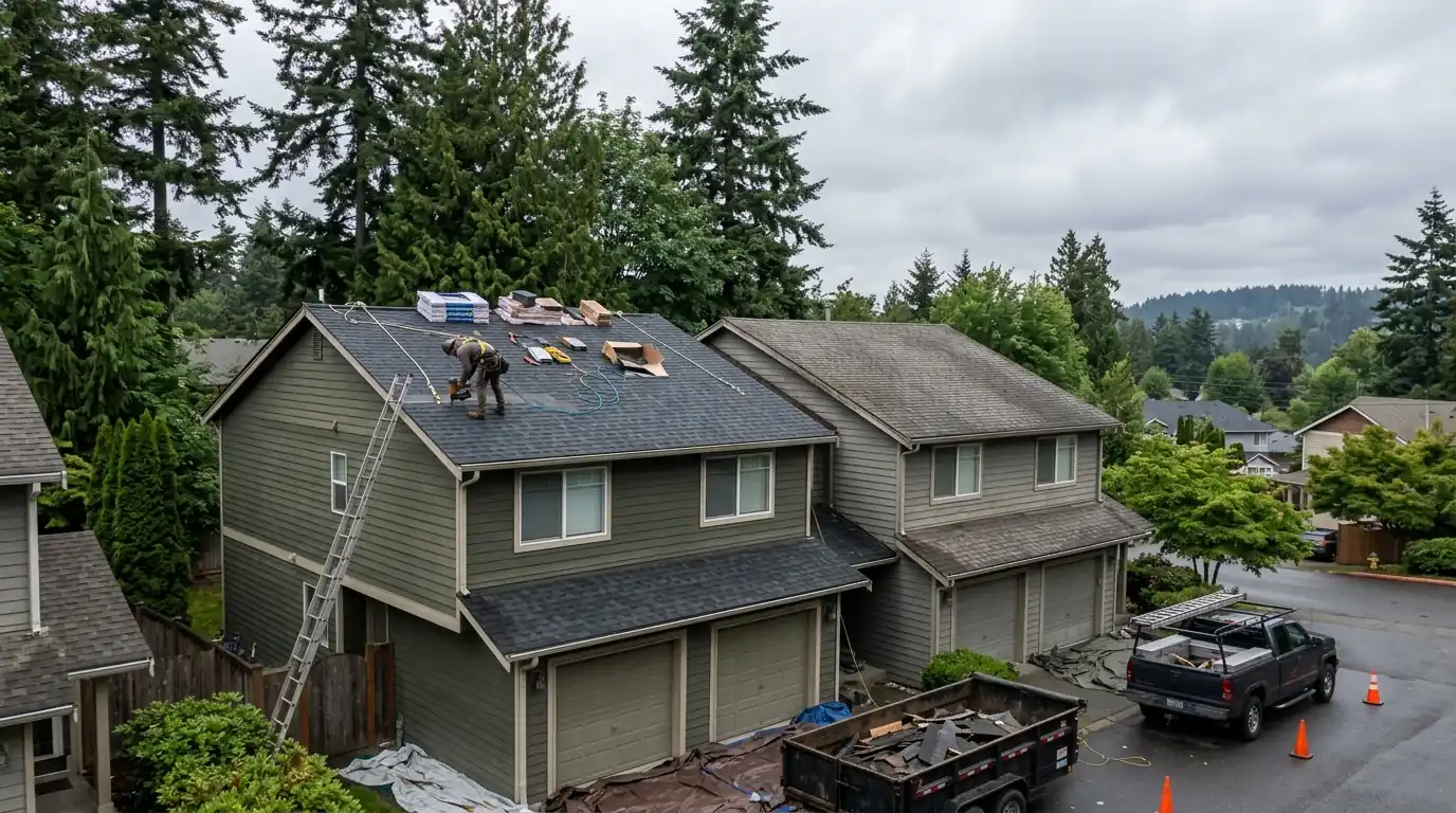 Reroofing one building in a townhome complex