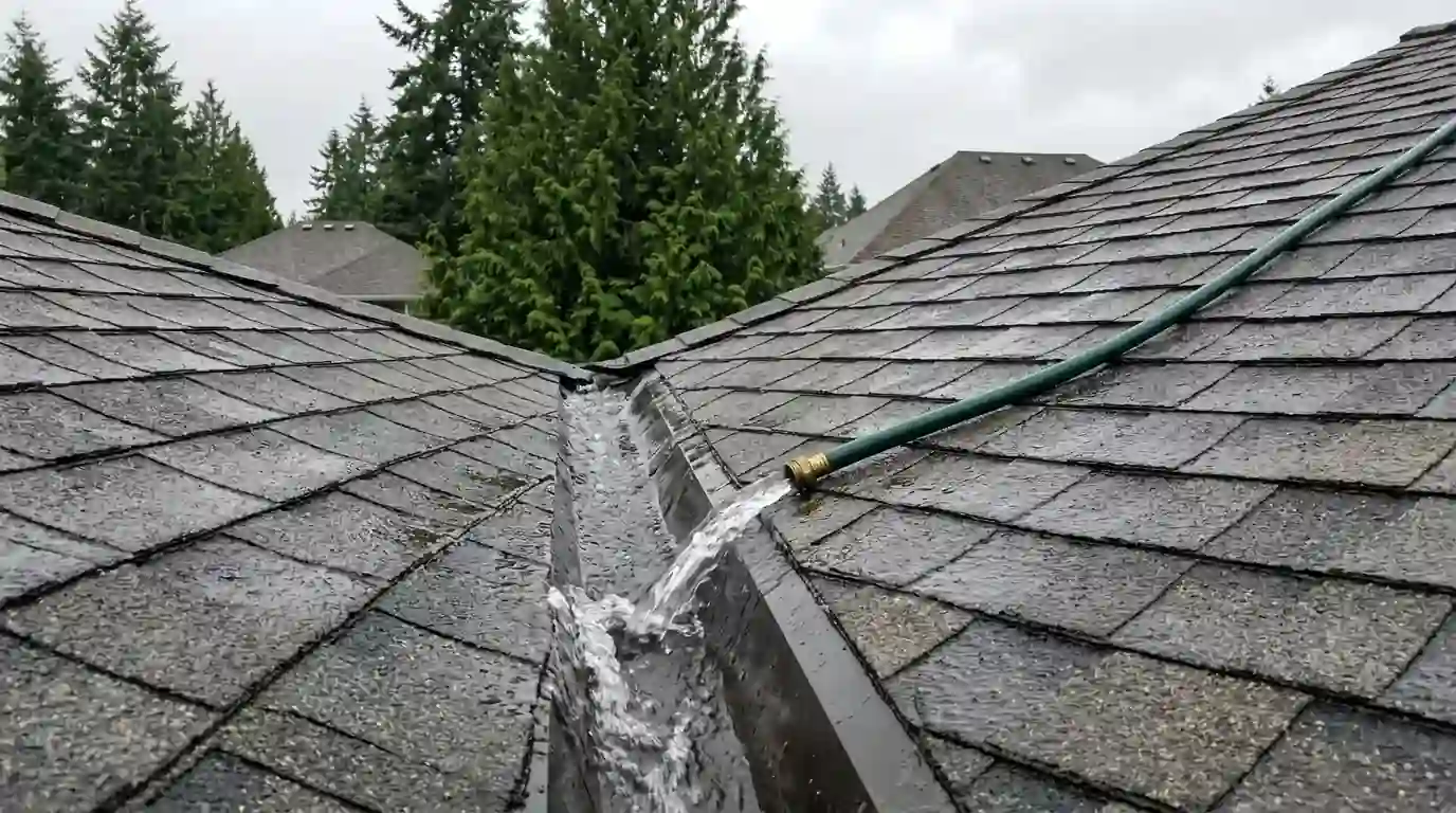 Hose running water down a roof valley during a leak test