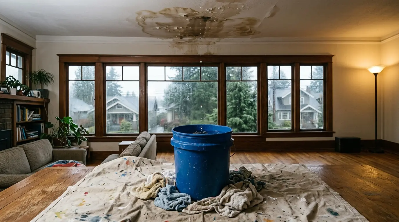 Bucket catching a roof leak dripping from a living room ceiling