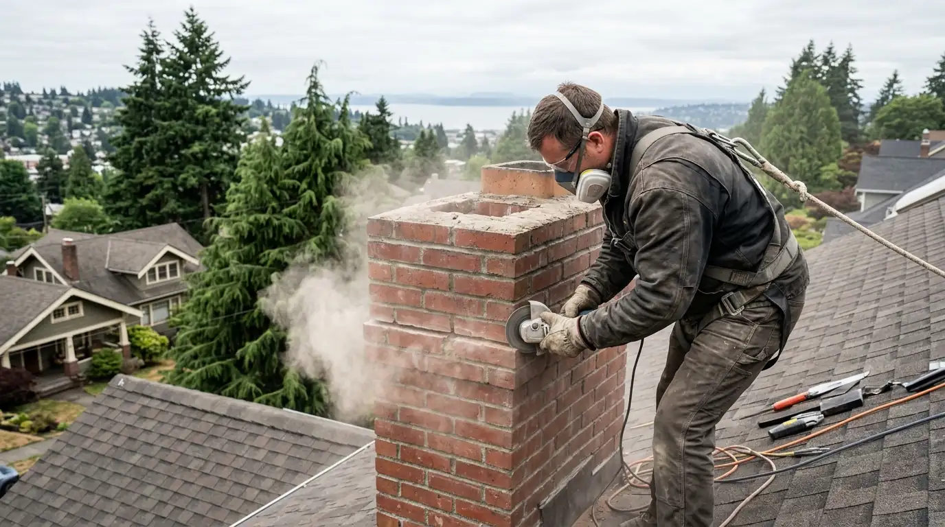 Roofer cutting a reglet into a brick chimney mortar joint