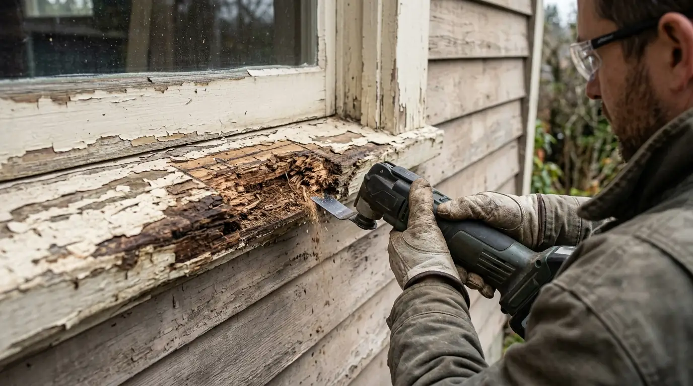 Carpenter cutting rot out of a window sill