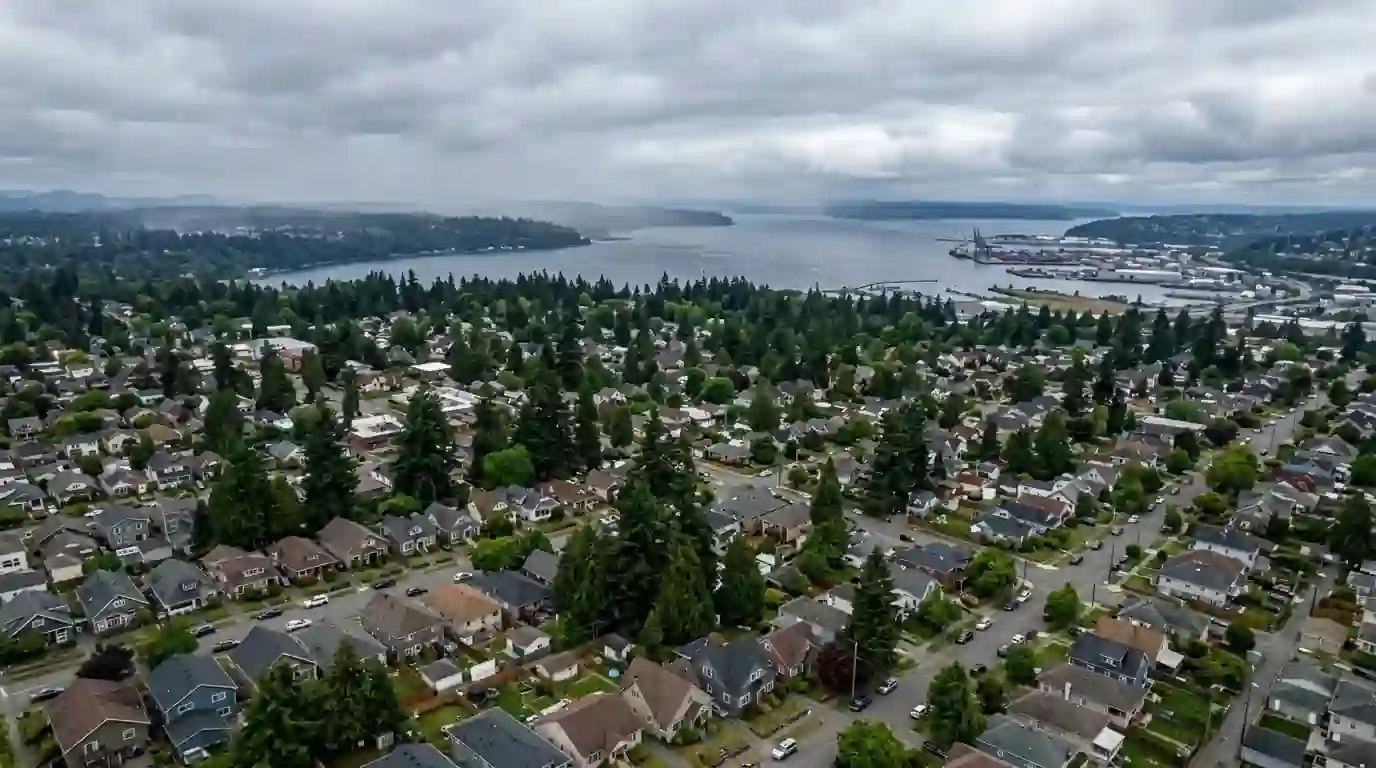Rooftops across Tacoma neighborhoods with the bay in the distance