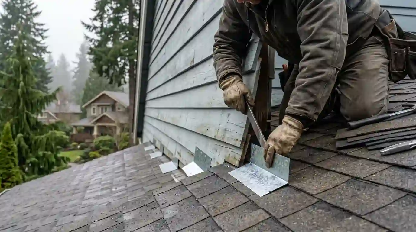 Roofer fitting step flashing under siding at a sidewall