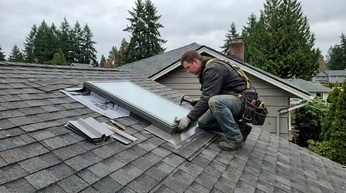 Roofer setting a new skylight with a flashing kit
