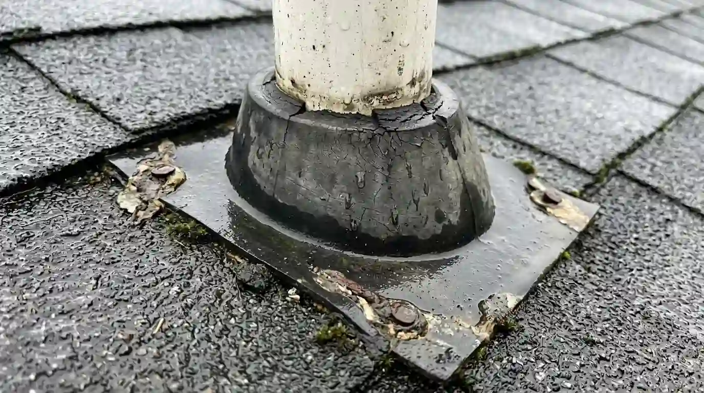 Cracked rubber pipe boot on a wet shingle roof