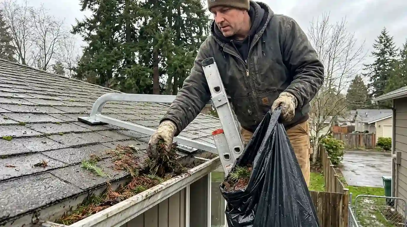 Worker scooping fir needles out of a gutter