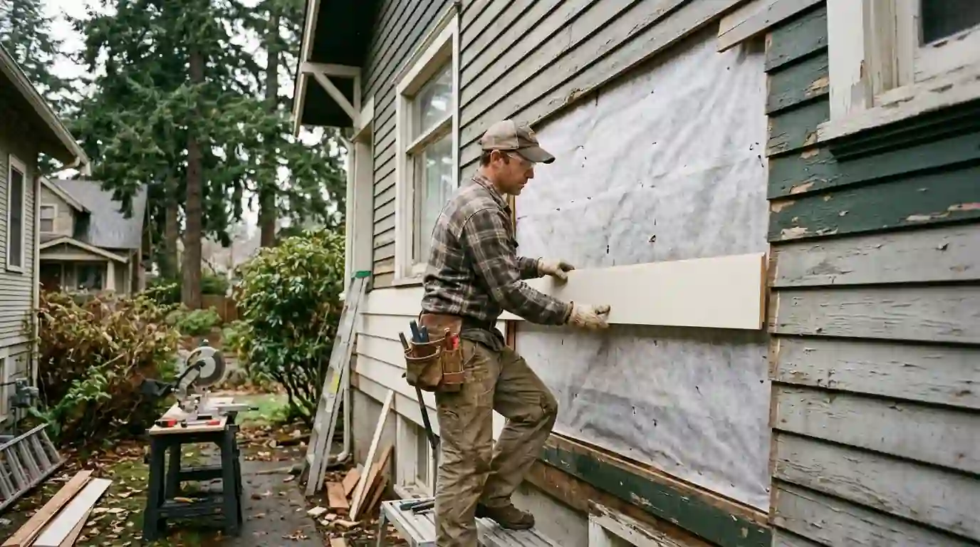 Carpenter fitting a new cedar siding board