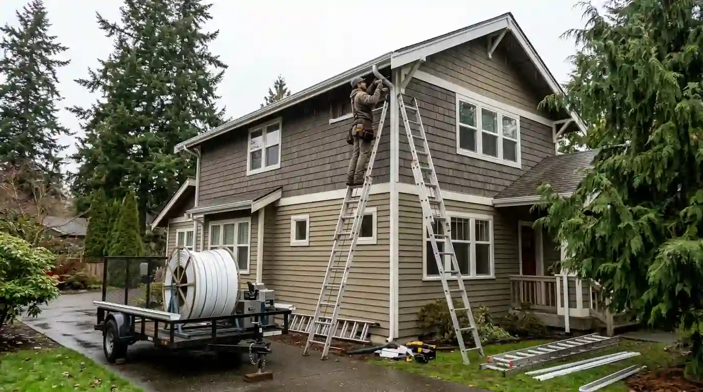 Installer fastening a new aluminum gutter on a Tacoma house