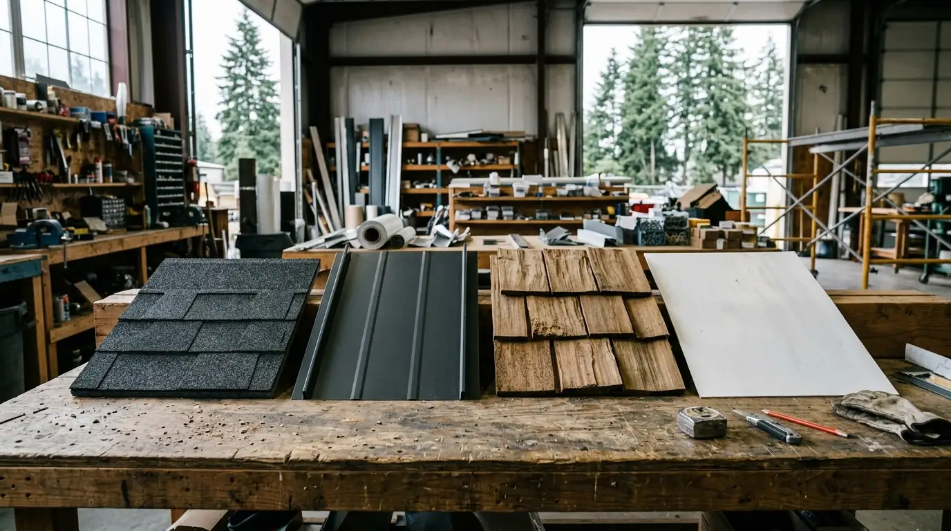 Shingle, metal, cedar and membrane roofing samples side by side