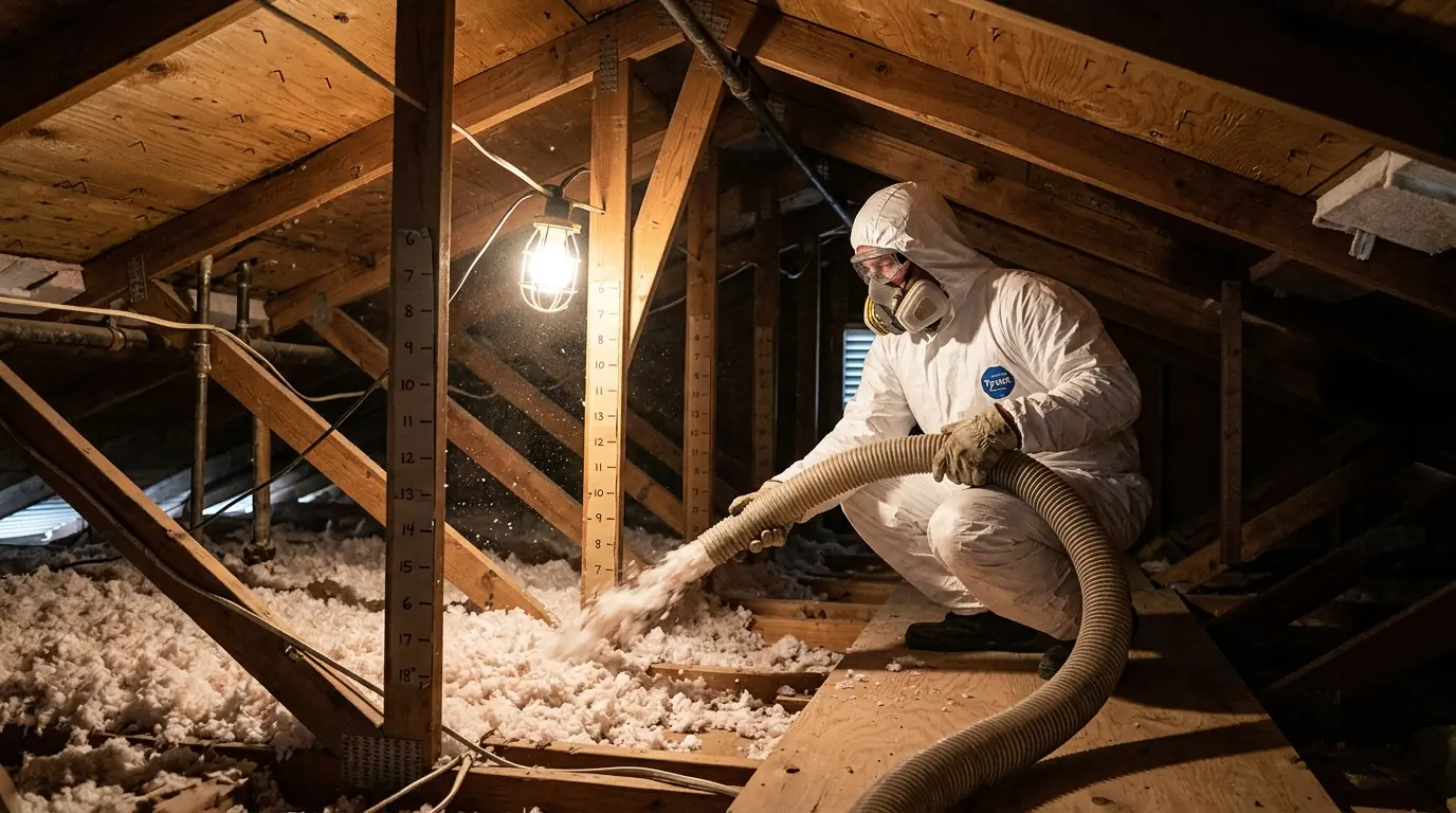 Blown insulation going into an attic with depth rulers