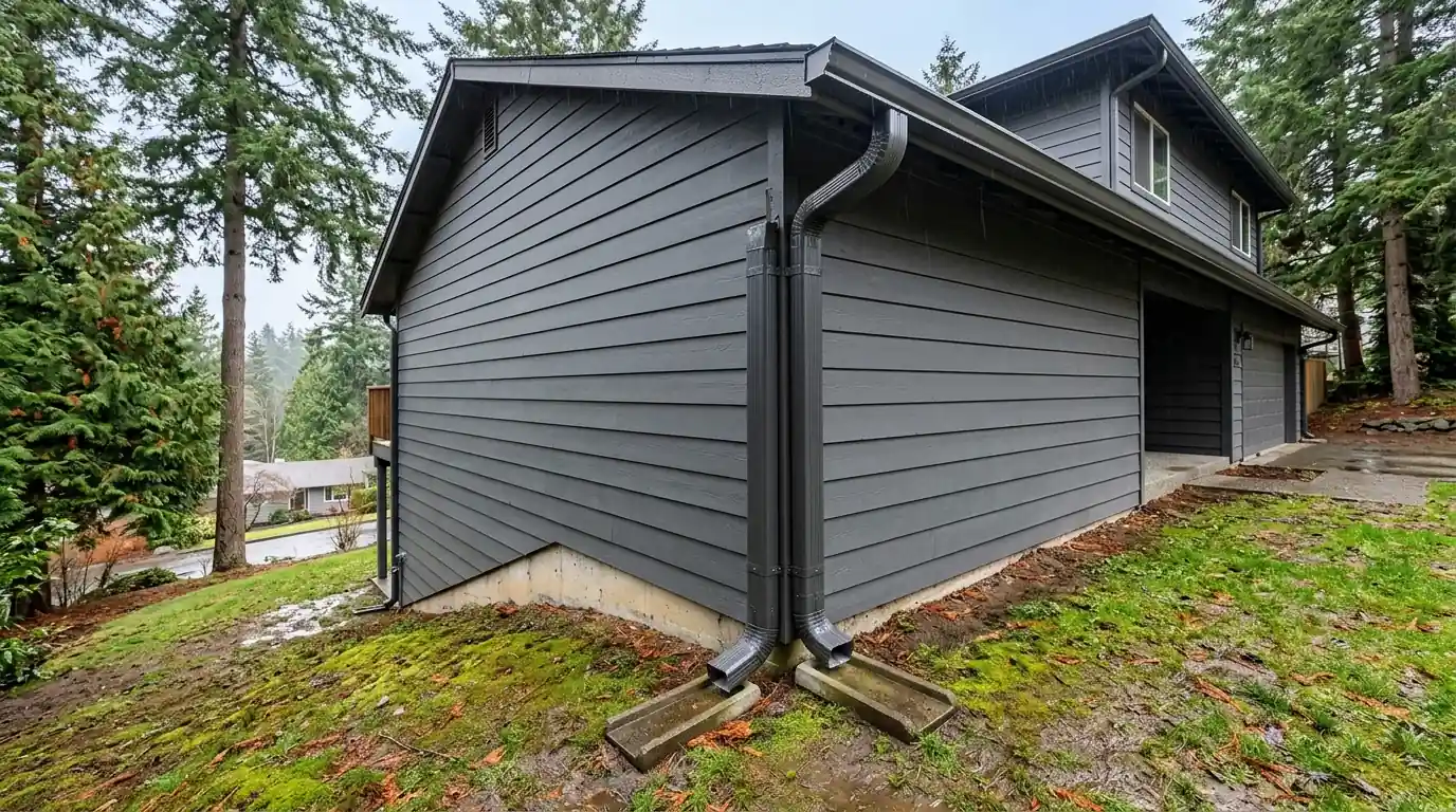 New gutter and downspout on the downhill corner of a sloped lot