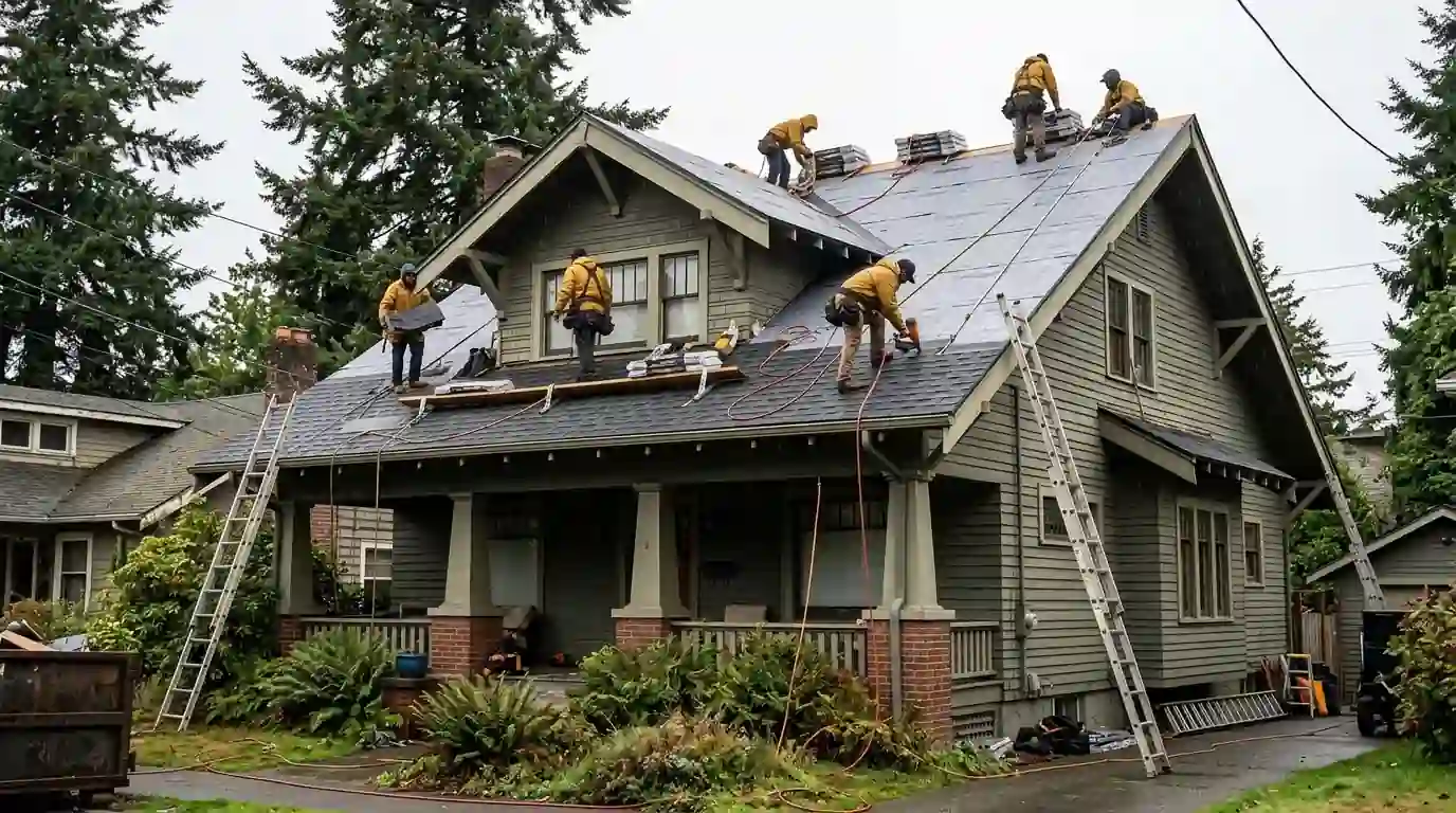 Crew installing new shingles on an older Tacoma craftsman house