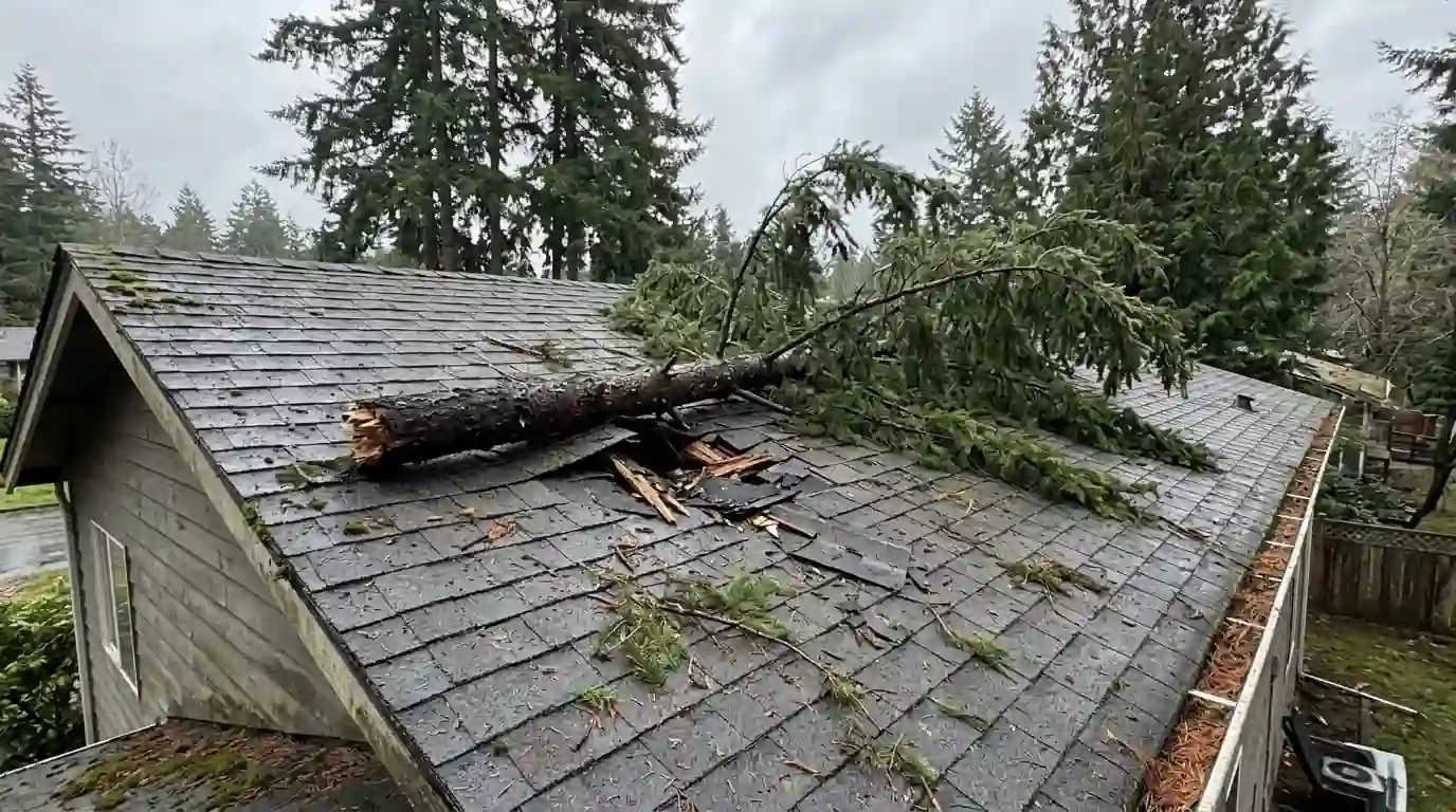 Fir limb lying on a punctured shingle roof after a storm