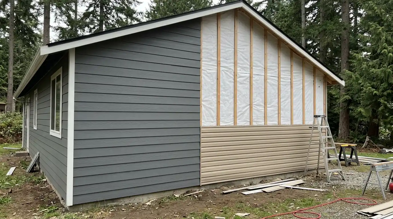 Fiber cement and vinyl siding on the same wall during a renovation