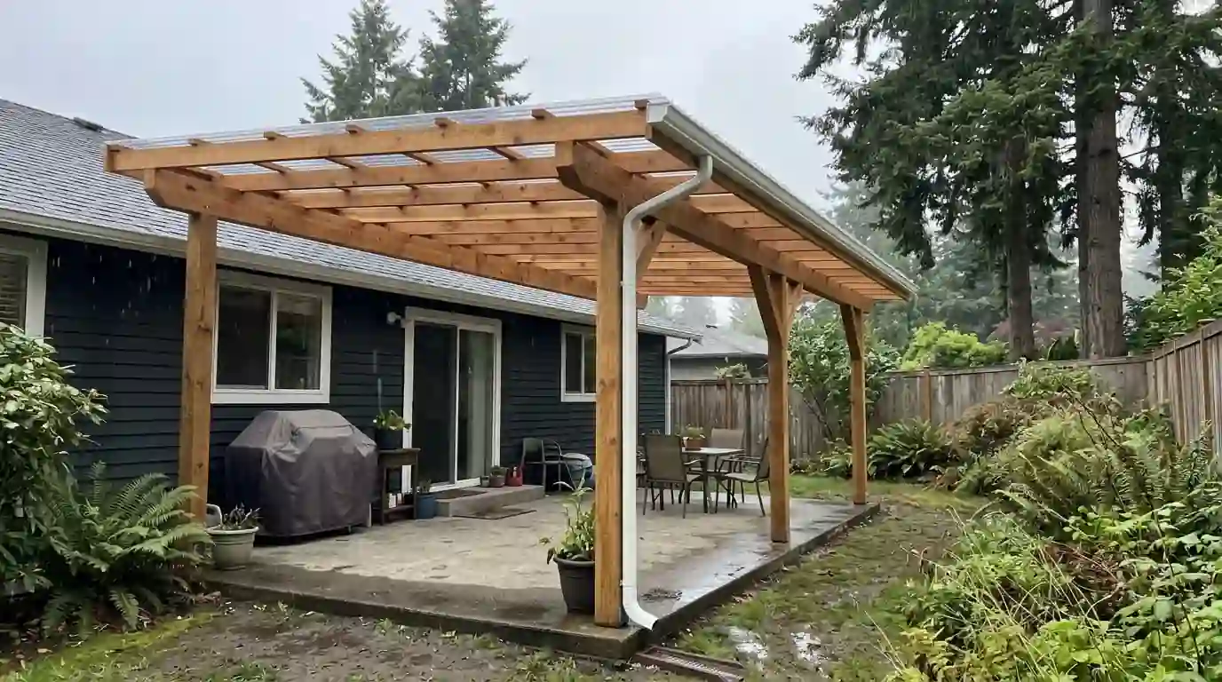 Patio cover with clear panels behind a Tacoma house
