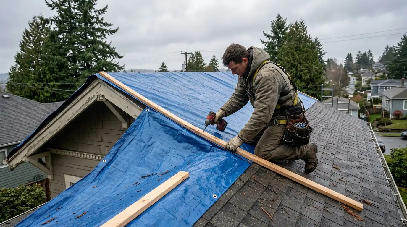 Roofer battening a tarp over a storm-damaged roof